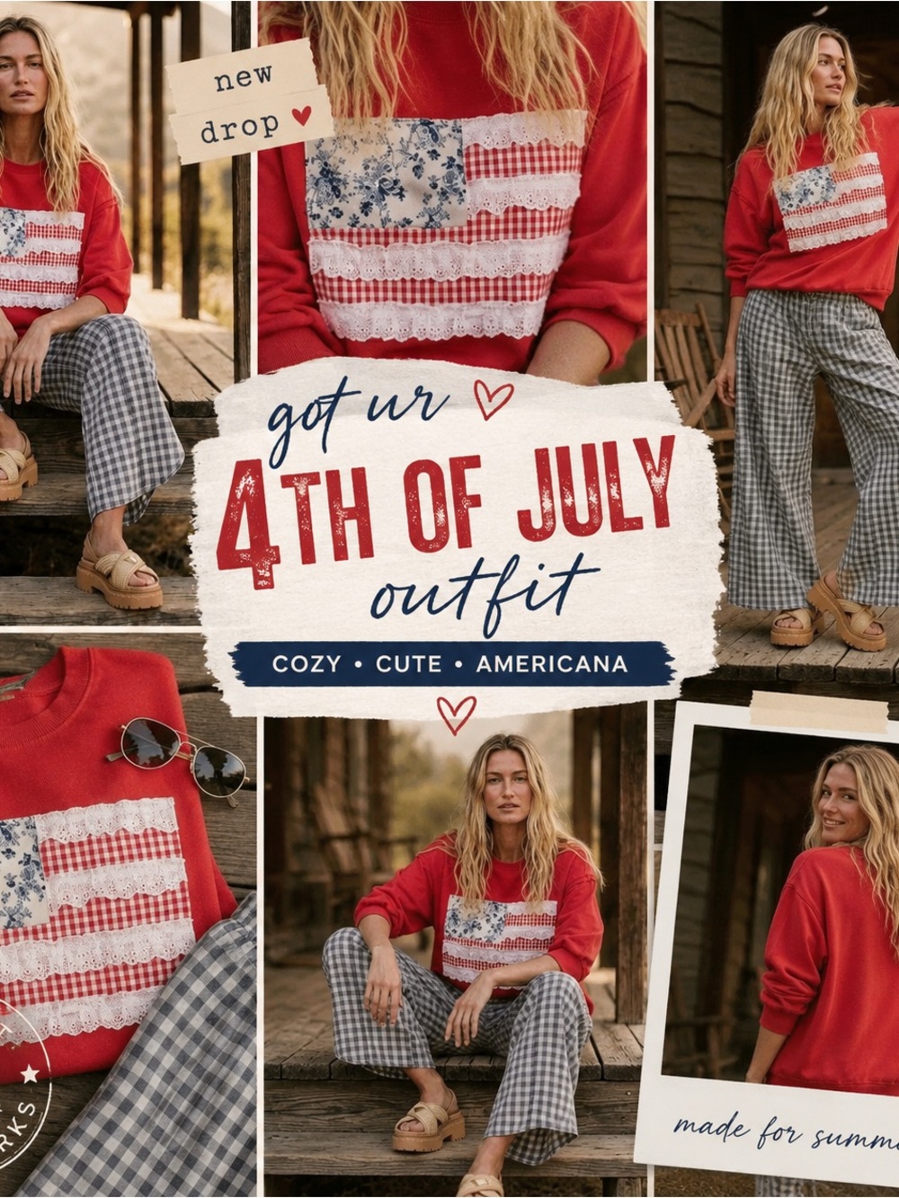 Bibi Red Oversized American Flag Patchwork Terry Knit Top S - Picture 4 of 6